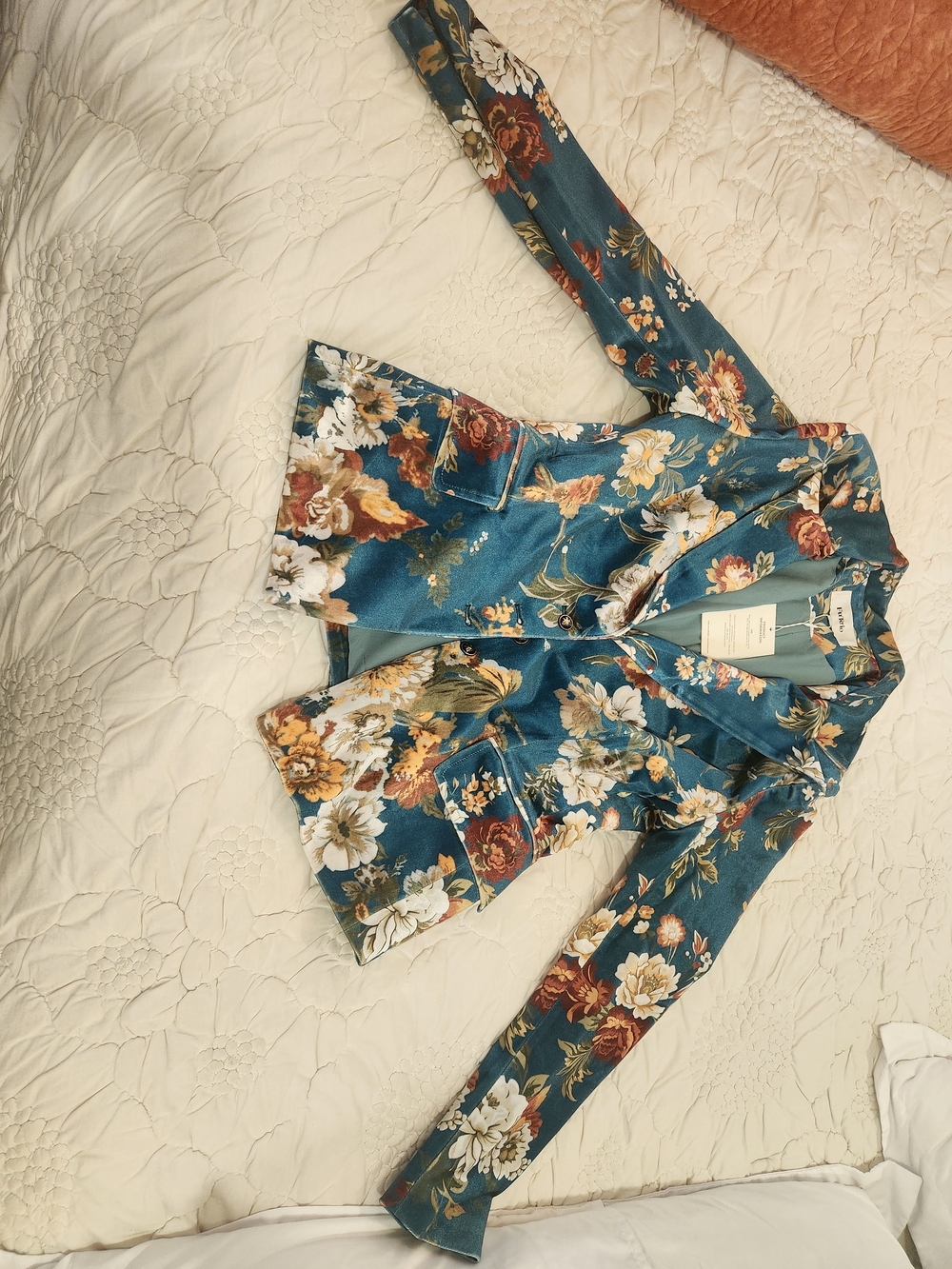 Futario Floral Velvet Tailored Blazer Jacket - Teal - Picture 4 of 14